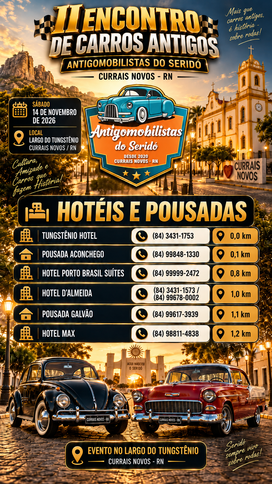 Hotéis e pousadas próximos ao II Encontro de Carros Antigos de Currais Novos 2026